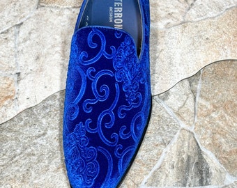 Terroni Royal Blue Men\'s Slip-On Dress Shoe-Faux Suede-Paisley Print-Fashionable Terroni Royal Blue Men main image 3