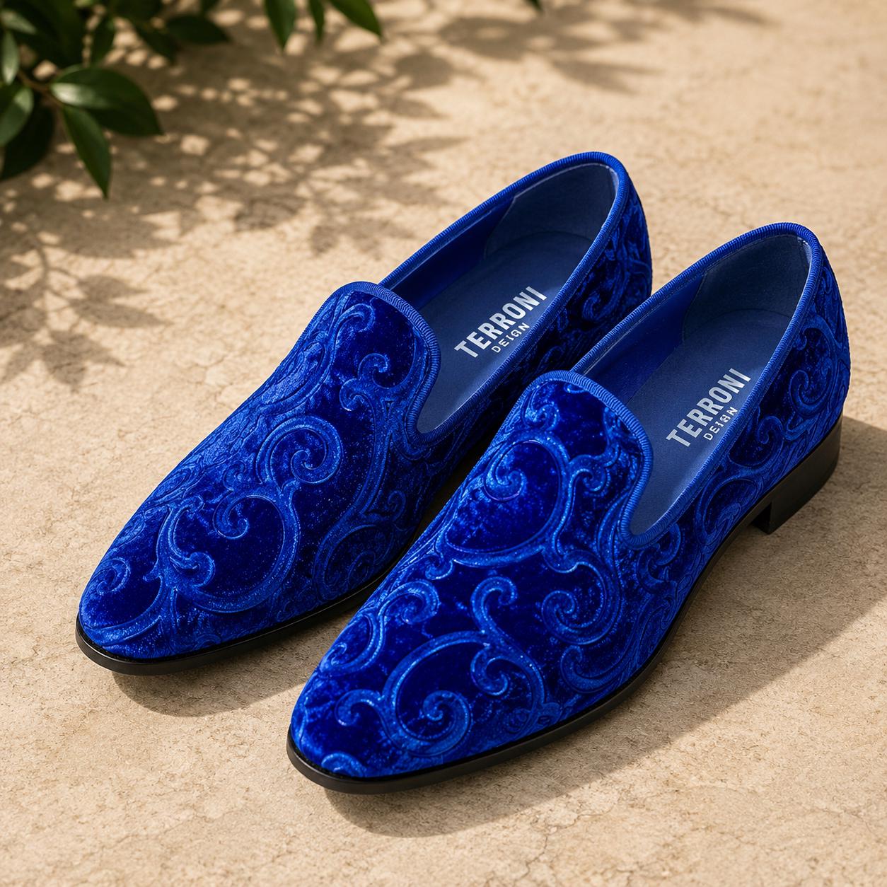 Terroni Royal Blue Men's Slip-On Dress Shoe-Faux Suede-Paisley Print-Fashionable-Italian Design-Luxury Comfort Dress Shoe- Wedding Prom Shoe