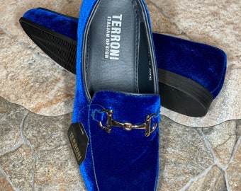 Terroni Royal Blue Men's Slip-On Gold Buckle Dress Shoe-Fashionable-Italian Design-Luxury Comfort Dress Shoe- Wedding Prom Shoe