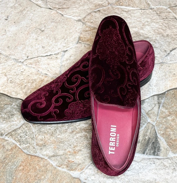 Terroni Burgundy Men s Slip on Dress Shoe faux Suede paisley Print fashionable italian Design luxury Comfort Dress Shoe Wedding Prom Shoe Etsy UK