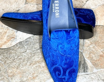 Terroni Royal Blue Men's Slip-On Dress Shoe-Faux Suede-Paisley Print-Fashionable-Italian Design-Luxury Comfort Dress Shoe- Wedding Prom Shoe