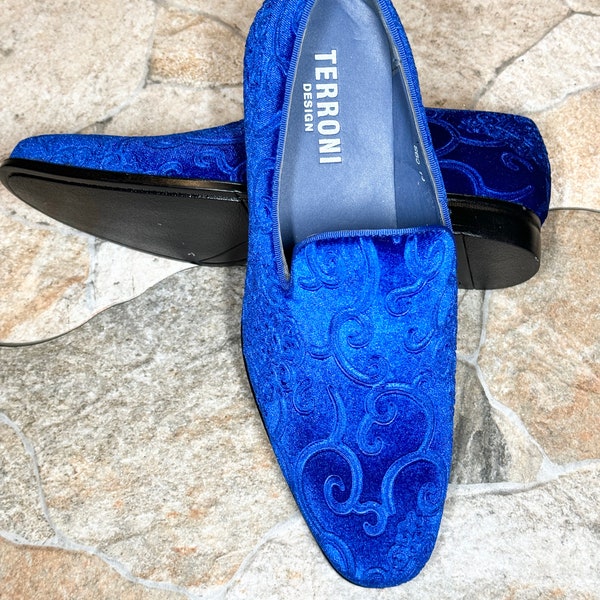Terroni Royal Blue Men's Slip-On Dress Shoe-Faux Suede-Paisley Print-Fashionable-Italian Design-Luxury Comfort Dress Shoe- Wedding Prom Shoe