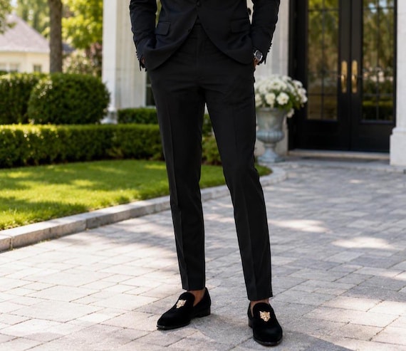 Terroni Black Men's Slip-On Dress Shoe-Fashionable-Italian Design-Luxury Comfort Dress Shoe-Gold Pantherhead- Wedding Shoe- Prom Shoe