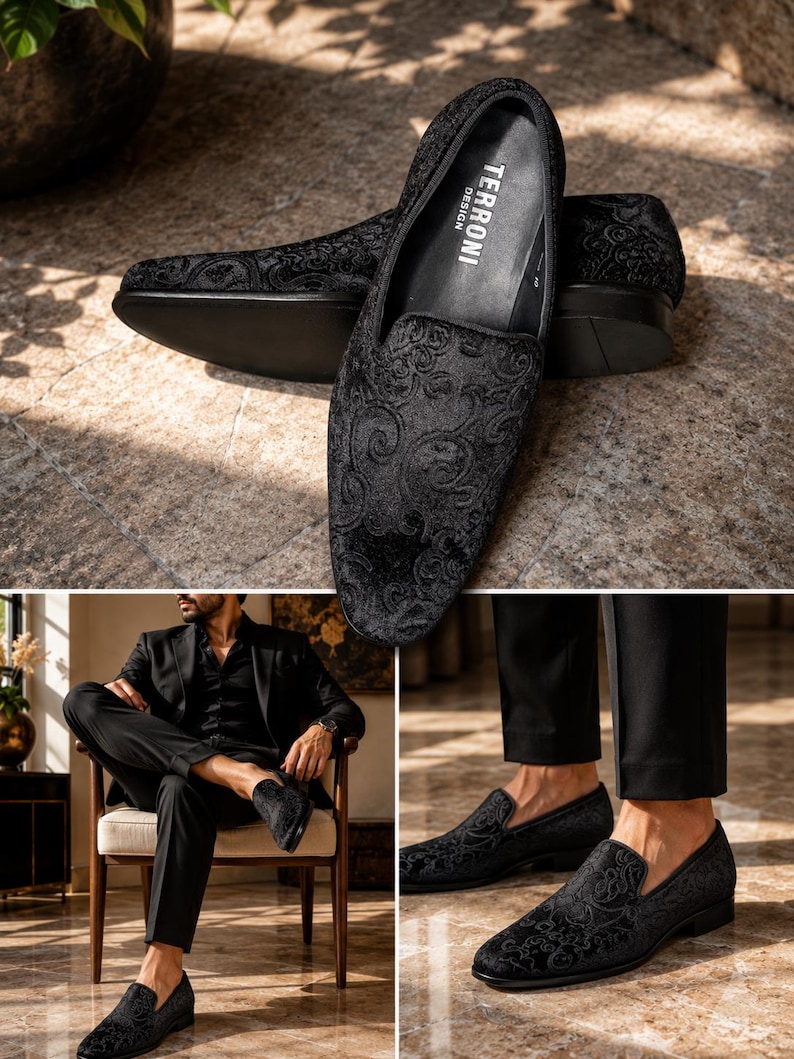 Puede incluir: Mocasines negros de terciopelo con un intrincado dise&ntilde;o floral. Los zapatos tienen una puntera redondeada y un tac&oacute;n bajo. La marca "TERRONI DESIGN" es visible en la plantilla. La imagen muestra los zapatos en varias vistas.