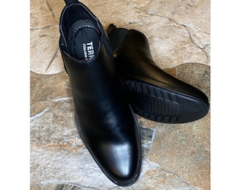 Terroni Men&#39;s Black Ankle Slip On Dress Boot-Synthetic Leather-Fashionable-Italian Design-Comfort Dress Shoe-Business Shoe-Prom Shoe