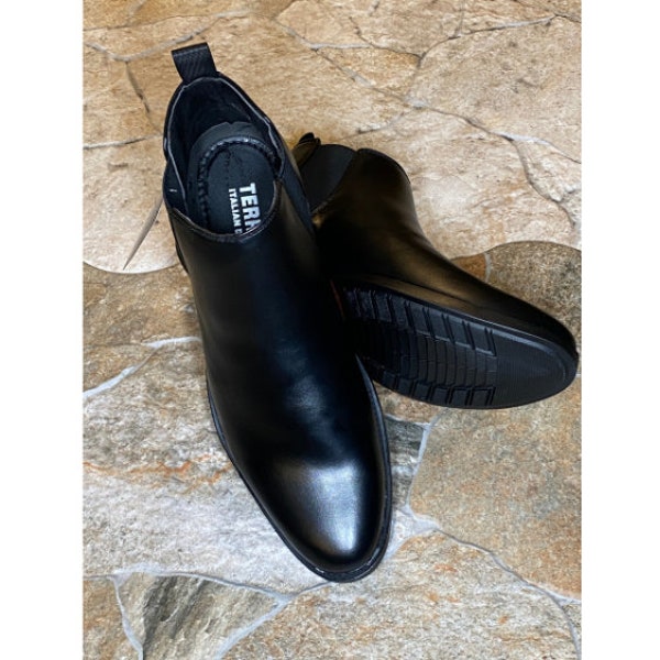 Bottines habillées Terroni noires à enfiler pour hommes-Cuir synthétique-À la mode-Design italien-Chaussures habillées confortables-Chaussures d'affaires-Chaussures de bal de promo