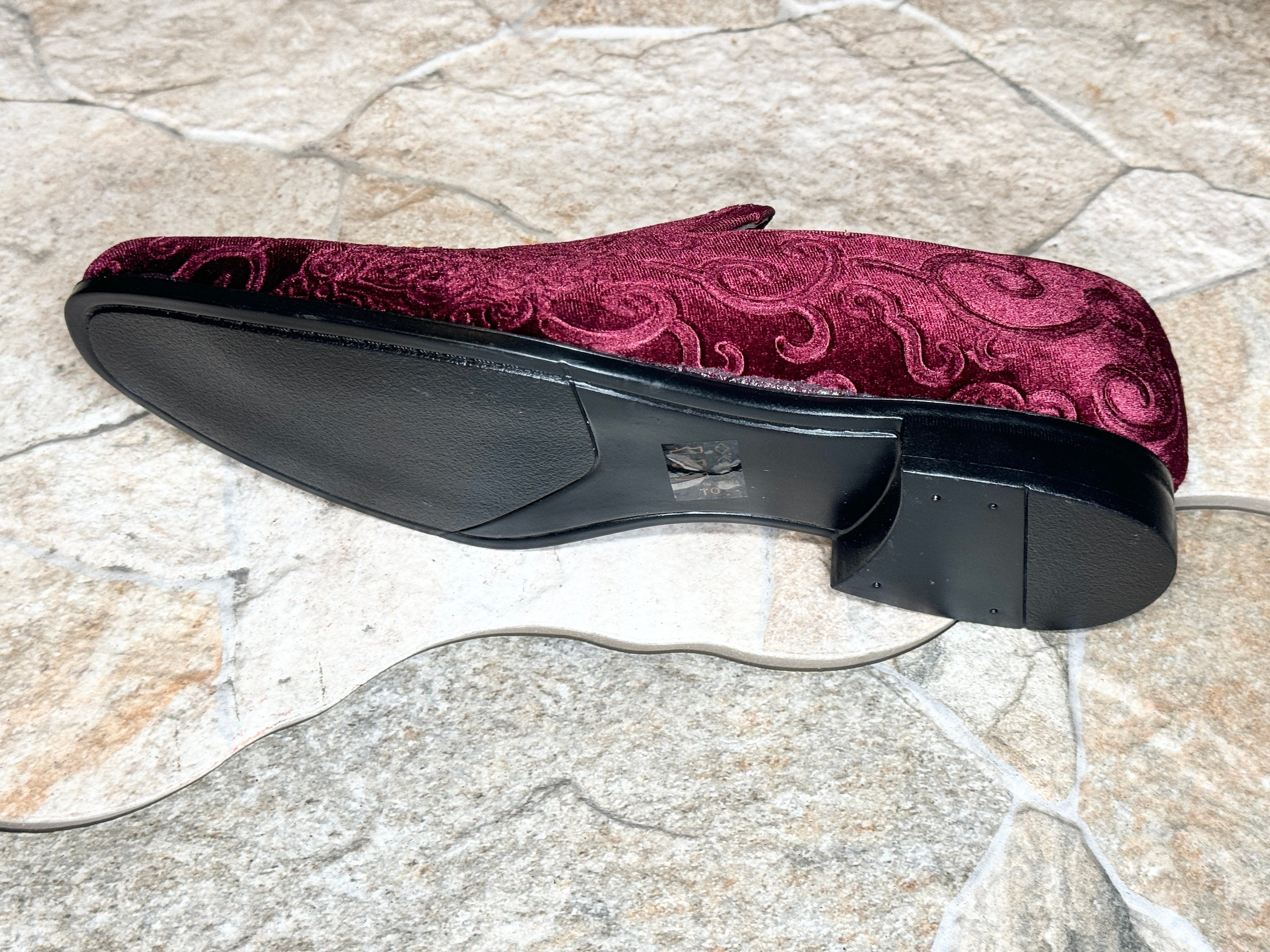Terroni Burgundy Men's Slip-On Dress Shoe-Faux Suede-Paisley Print-Fashionable-Italian Design-Luxury Comfort Dress Shoe- Wedding Prom Shoe
