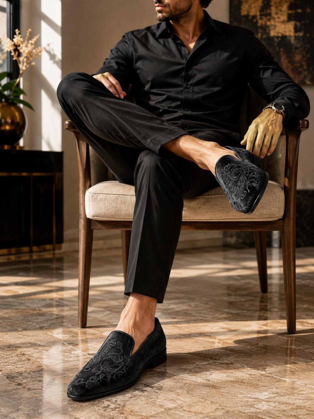 Terroni Black Men's Slip-On Dress Shoe-Faux Suede-Paisley Print-Fashionable-Italian Design-Luxury Comfort Dress Shoe- Wedding Prom Shoe