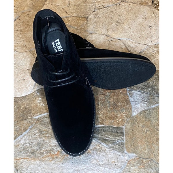 Terroni Men's Black Ankle Casual Lace Boot-Faux Suede-Fashionable-Italian Design-Comfort Dress Shoe-Business Shoe-Casual Shoe