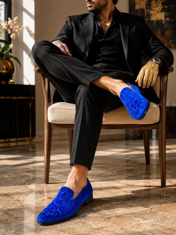 Royal Blue Prom Loafers Prom Shoes Men Royal Blue And Gold Mens Loafers UK