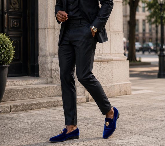Terroni Royal Blue Velvet Men's Slip-On Shoes – Italian Design, Gold Pantherhead
