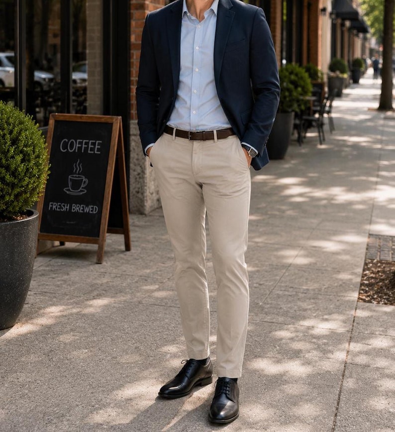 May include: A navy blue blazer, light blue button-down shirt, and khaki pants. The outfit is paired with a brown belt and black dress shoes. A sign in the background reads "COFFEE FRESH BREWED".