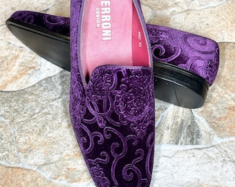 Terroni Purple Men's Slip-On Dress Shoe-Faux Suede-Paisley Print-Fashionable-Italian Design-Luxury Comfort Dress Shoe- Wedding Prom Shoe