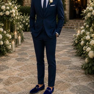 Puede incluir: Un traje de tres piezas azul marino con camisa blanca, corbata azul marino y un ojal de flores blancas. El traje se combina con mocasines de terciopelo azul marino. El fondo presenta flores blancas y velas.
