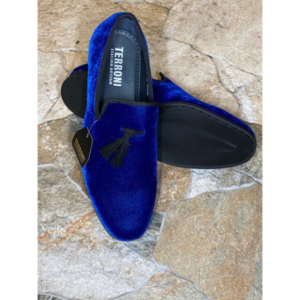 Terroni Royal Blue Men's Slip-On Loafer Shoe-Faux Suede-Tassel-Fashionable-Italian Design-Luxury Comfort Dress Shoe- Wedding Shoe-Prom Shoe