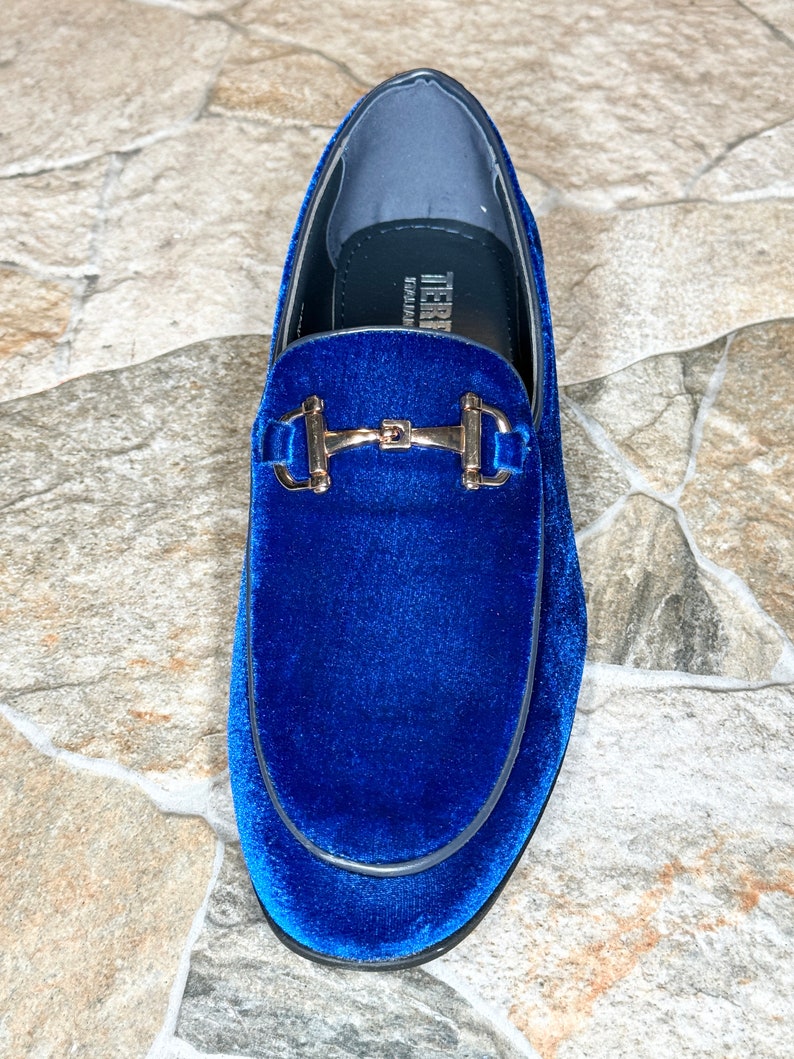 Puede incluir: Un solo mocas&iacute;n de terciopelo azul real con una hebilla dorada. El zapato tiene una puntera redondeada y un ribete negro. El interior es de color azul claro. La marca "TERRE" es visible dentro del zapato.
