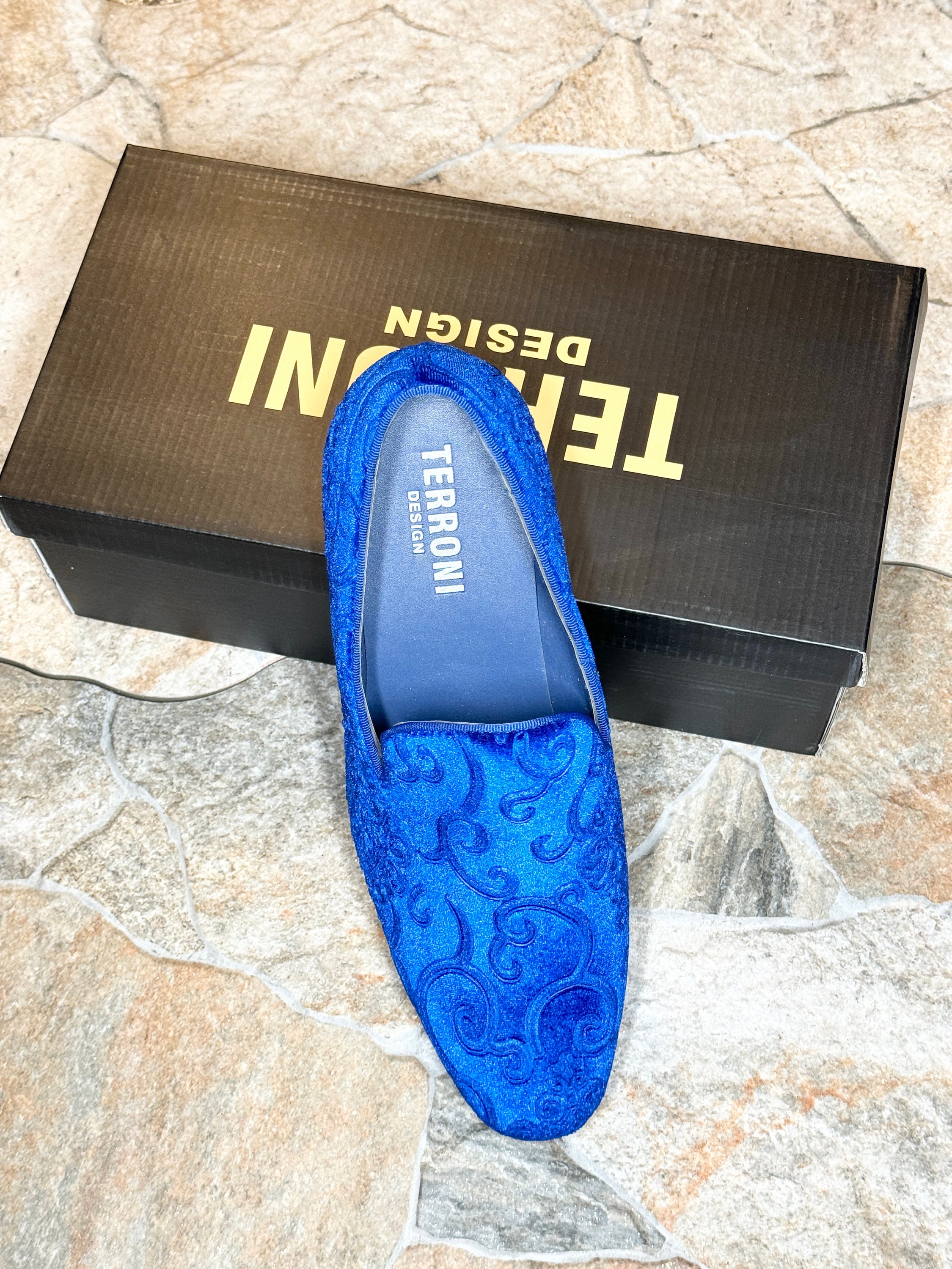 prom shoes for royal blue dress Terroni Faux Suede Paisley Loafer royal blue dress with heels 1950s Black and White Promo1 Color:Nocturnal Navy