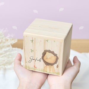 Personalized money box for child, lion wooden box, cute money box, money box for kids, money box for baptism, custom baby birthday gift