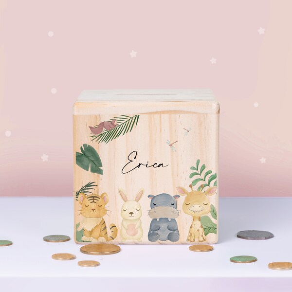 Personalized baby money box, animal wooden money box with name, baby piggy bank, baby shower gifts, baby birth gifts, baptismal gifts