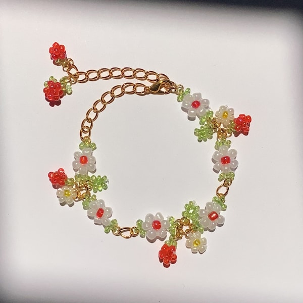 Daisy Flower armband, kralen bloem armband, zaad kraal bloem armband, kersen armband, cadeau voor haar, verjaardagscadeau, esthetische armband