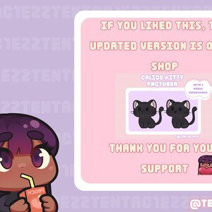 May include: A digital illustration of a cartoon character with purple hair drinking from a juice box. The character is looking to the right. The background is a light purple with a repeating pattern of the text "TENTAC1E22". On the right side of the image is a pink background with the text "IF YOU LIKED THIS, THE UPDATED VERSION IS ON MY SHOP CALICO KITTY PNGTUBER WITH A BONUS EXPRESSIONS @TENTAC1E22 THANK YOU FOR YOUR SUPPORT @TENTAC1E22".