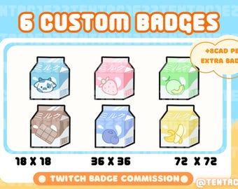 May include: Six custom Twitch badges featuring cartoon milk cartons with different designs. The designs include a cow, a strawberry, a peach, chocolate, blueberries, and a banana. The badges are available in three sizes: 18 x 18, 36 x 36, and 72 x 72. The text "Twitch Badge Commission" is included in the image.