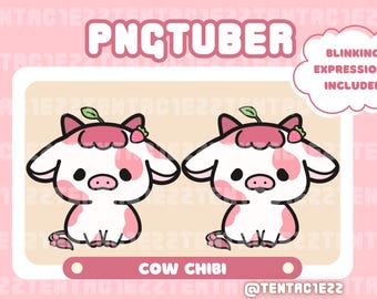 Puede incluir: Dos ilustraciones de vacas de dibujos animados con colores rosa y blanco. Las vacas llevan diademas de fresa y tienen la nariz y las pezuñas rosas. El texto "PNGTUBER" está en la parte superior de la imagen y "COW CHIBI" en la parte inferior. El texto "BLINKING EXPRESSIONS INCLUDED" está en un bocadillo.