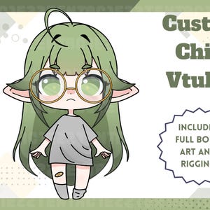 Puede incluir: Ilustración de un Vtuber Chibi personalizado. El personaje tiene cabello verde, gafas redondas y un vestido gris. La imagen incluye el texto "Custom Chibi Vtuber" y "Includes Full Body Art and Rigging".