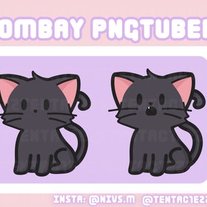 Puede incluir: Dos gatos de dibujos animados negros con orejas rosas, uno con una expresión de sorpresa y el otro con una expresión neutral. El texto "BOMBAY PNGTUBER" está en la parte superior de la imagen y "INSTA: @NIVS.M @TENTAC1E22" está en la parte inferior.