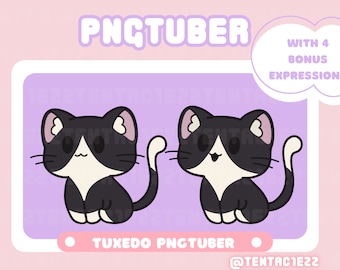 May include: Tuxedo cat PNGtuber with 4 bonus expressions. The cat is black with a white chest and paws. The cat is sitting down with its tail curled around its body. The text "Tuxedo PNGtuber" is below the cat. The text "@tentac1e22" is below the text "Tuxedo PNGtuber".