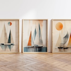 Boat Art Prints, Sailing Art, Boho Wall Decor, Set of 3 Wall Prints, Scandi, Mid Century Art, Sailing Wall Art