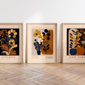Flower Market Print, Set of 3, Botanical Wall Art, Floral Decor Posters, London Paris New York Wall Art, Floral Wall Art, Digital Download