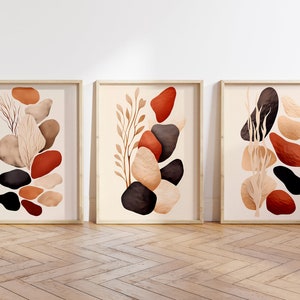 Boho Abstract Wall Art Prints, Boho Wall Decor, Set of 3 Wall Prints, Scandi, Mid Century Art, Black, Beige, Terracotta, Boho Wall Art