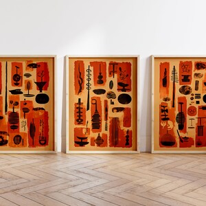 Boho Abstract Wall Art Prints, Boho Wall Decor, Set of 3 Wall Prints, Scandi, Mid Century Art, Black, Beige, Terracotta, Boho Wall Art