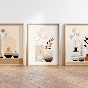 Boho Abstract Wall Art Prints, Boho Wall Decor, Set of 3 Wall Prints, Scandi, Mid Century Art, Black, Beige, Terracotta, Boho Wall Art