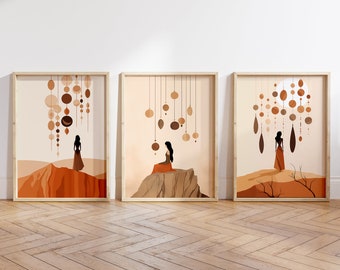 Boho Abstract Wall Art Prints, Beige Terracotta Set of 3 (Digital Download)