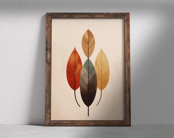 Boho Leaves Art Print, Mid Century Modern Wall Decor (Instant Download)