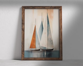Sail Boat Art, Mid Century Art Print, Neutral Modern Wall Art Decor, Minimalist Digital Prints, Boho Style Art Prints, Instant Download