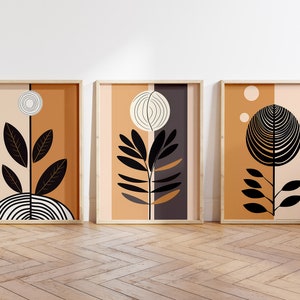Boho Abstract Wall Art Prints, Boho Wall Decor, Set of 3 Wall Prints, Scandi, Mid Century Art, Black, Beige, Terracotta, Boho Wall Art