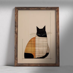 Pu&ograve; includere: Un'illustrazione incorniciata di un gatto bianco e nero con motivi geometrici arancioni e marroni. Il gatto &egrave; seduto con gli occhi chiusi.