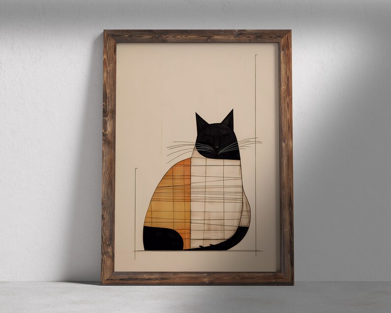 Pu&ograve; includere: Un'illustrazione incorniciata di un gatto bianco e nero con motivi geometrici arancioni e marroni. Il gatto &egrave; seduto con gli occhi chiusi.