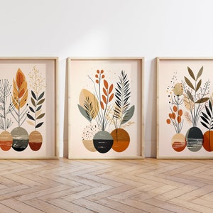 Boho Abstract Wall Art Prints, Boho Wall Decor, Set of 3 Wall Prints, Scandi, Mid Century Art, Black, Beige, Terracotta, Boho Wall Art