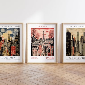 London Paris New York Art, Empire State Building, Big Ben, Eiffel Tower, City Travel Art, Printable Wall Art, Instant Download