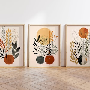Boho Abstract Wall Art Prints, Boho Wall Decor, Set of 3 Wall Prints, Scandi, Mid Century Art, Black, Beige, Terracotta, Boho Wall Art
