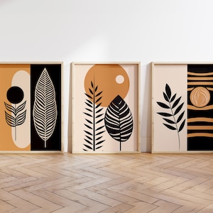 Boho Abstract Wall Art Prints, Boho Wall Decor, Set of 3 Wall Prints, Scandi, Mid Century Art, Black, Beige, Terracotta, Boho Wall Art