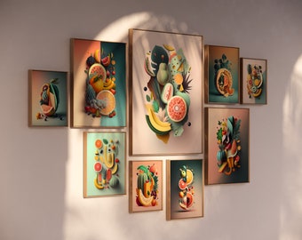 Fruit Illustration Gallery Set, Modern Kitchen Wall Art (Digital Download)