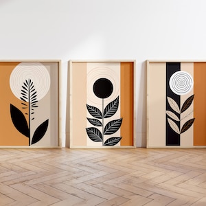 Boho Abstract Wall Art Prints, Boho Wall Decor, Set of 3 Wall Prints, Scandi, Mid Century Art, Black, Beige, Terracotta, Boho Wall Art