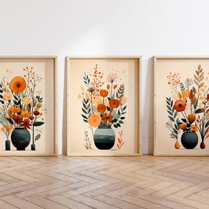 Boho Abstract Wall Art Prints, Boho Wall Decor, Set of 3 Wall Prints, Scandi, Mid Century Art, Black, Beige, Terracotta, Boho Wall Art