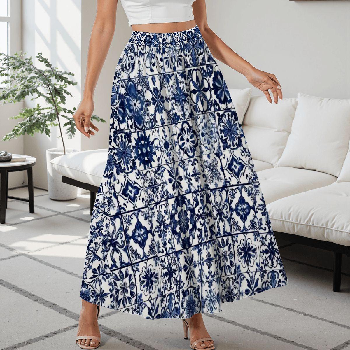 Azulejos-inspired Boho Maxi Skirt With Pockets – Blue Portuguese