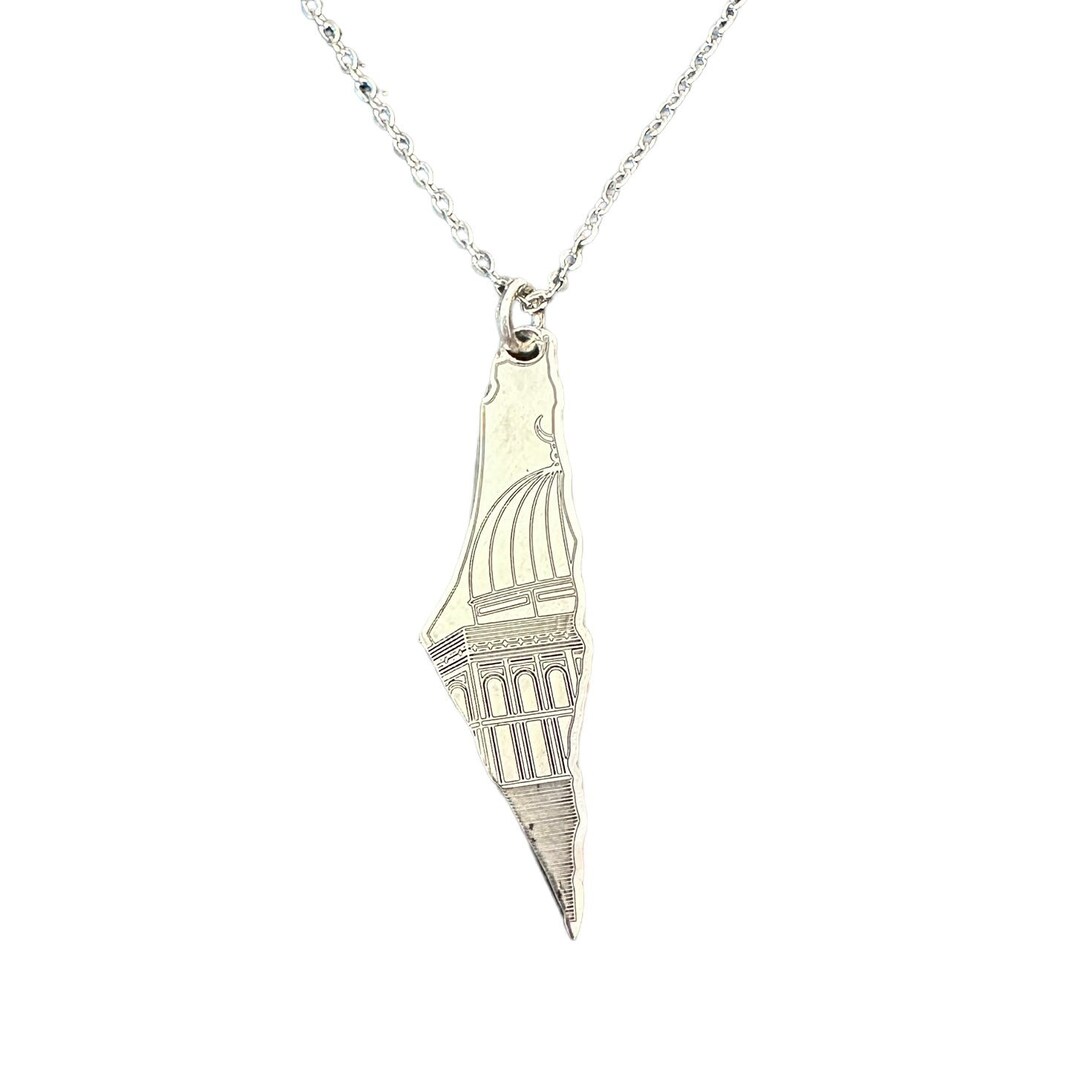 Small Dainty Palestine Colored Map with Dome Of The Rock Necklace 925 Silver main image 1